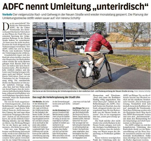 Zeitungsartikel der SWP Ulm mit Bild. Auf dem Bild die geplante / kritisierte Rad- Fußwegumleitung an der Bahn-Unterführung von der Neuen Straße zum Ehinger Tor. Im Vordergrund durchfährt ein Radler mit roter Daunenjacke eine unangenehme enge und steile Spitzkehre.