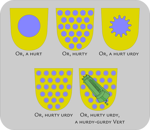 OR, A HURT  Yellow, with a blue disc

OR, HURTY Yellow, with lots of blue discs

OR, A HURT URDY Yellow, with a blue hexagonally-serrated disc

OR, HURTY URDY Yellow, with lots of  blue hexagonally-serrated discs

OR, HURTY URDY, A HURDY-GURDY VERT Yellow, with lots of  blue hexagonally-serrated discs and a green wheel-bowed musical instrument.