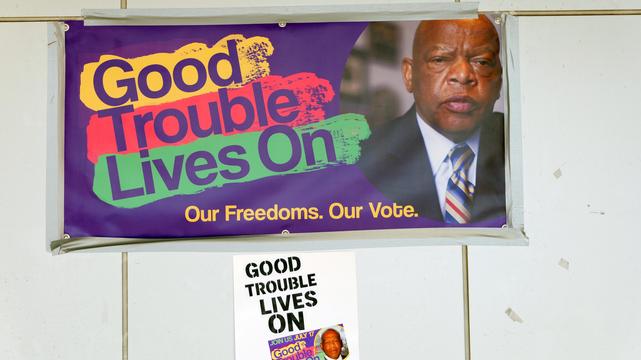 Good Trouble Lives on sign at Kingston NY MORE GOOD TROUBLE rally.