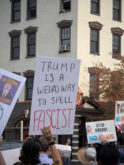 Photo of a sign saying "Trump is a weird way to spell fascist" in Easton PA at the No Kings protest