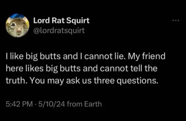 Lord Rat Squirt

@lordratsquirt
| like big butts and | cannot lie. My friend
here likes big butts and cannot tell the
truth. You may ask us three questions.
5:42 PM - 5/10/24 from Earth