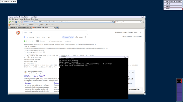 Pale Moon 33.89.1 rendering a duckduckgo search for "user agent" on NetBSD/sparc64. sysctl output shows that the machine is a Blade 100 with an UltraSPARC-IIe at 550MHz.