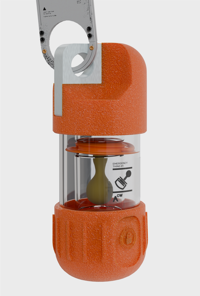 a 3d rendering of a virtual product - an orange pacifier is visible inside a transprent cylinder. The cylinder has large bumpy endcaps made out of rubbery orange plastic. The lower endcap has large grooves to grip onto while unscrewing in order to access the pacifier. Integrated into the top endcap is an aluminium block with a hole in which a sturdy metal hanger is inserted