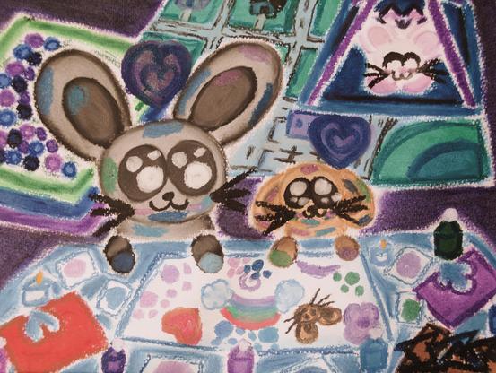 The Flemish Giant occupational therapist and neurodivergent brown lop bunny are doing a one-on-one art project while another neurodiovergent bunny is chilling on the platform swing in the background.

As both the OT character and brown lop are fingerpainting as part of their art project, they both have different paint colors smudged on them. 

I also added a ballpit and a cars rug in the background as well.

This was drawn in oil pastel on watercolor paper and photographed through a Lumix GF2 with a Vivitar Series 1 19-35mm f3.5-4.5 FD-mount zoom lens mounted to it.