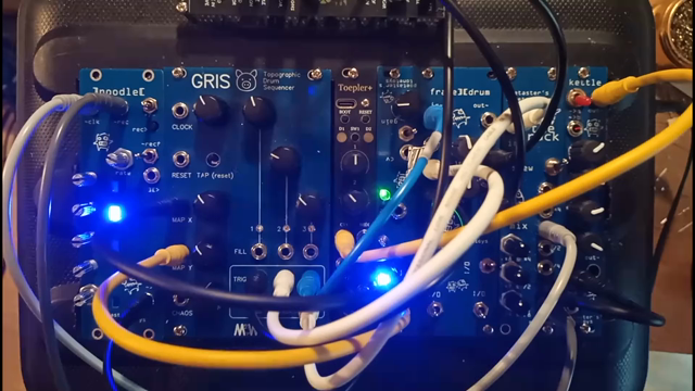 The noodle semi-stochastic sequence driven by MI grids and playing an MI braids synth and Framedrum.