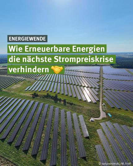 Luftaufnahme eines großflächigen Solarparks an einem sonnigen Tag. Hunderte dunkelblaue Photovoltaikmodule sind in langen, parallelen Reihen auf einer weitläufigen, begrünten Fläche installiert. Zwischen den Modulreihen verlaufen Grasstreifen sowie mehrere helle Wartungswege, die das Gelände gliedern. Im Hintergrund sind weitere Felder, Waldflächen und der Horizont unter einem klaren blauen Himmel zu erkennen. Im oberen linken Bildbereich liegt ein grafischer Textblock mit der Überschrift „ENERGIEWENDE“ sowie der Aussage: „Wie Erneuerbare Energien die nächste Strompreiskrise verhindern 🤝“. Unten rechts befindet sich der Bildnachweis „© naturstrom AG / M. Friel“. Die Aufnahme vermittelt den Eindruck einer großflächigen, modernen Solarstromerzeugung und unterstreicht das Thema der Energiewende.