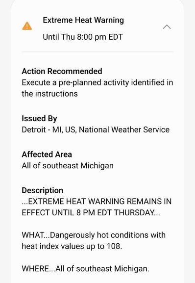 an Extreme Heat Warning indicating dangerously hot conditions in southeast Michigan