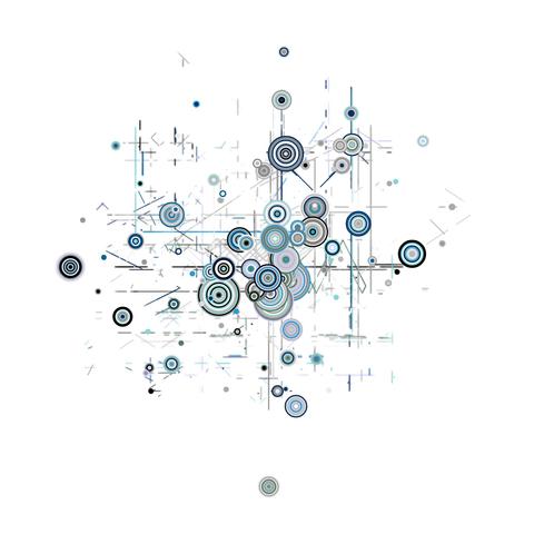 Abstract art inspired by chemistry, with lots of concentric circles and straight lines.
