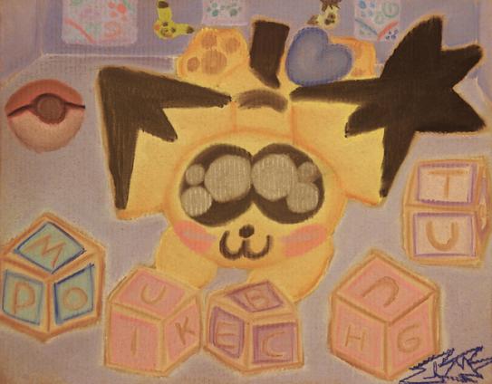 'Pichu Plays with Letter Blocks'

Pichu is playing with letter blocks in her playroom, spelling her name out with them. Behind her is a Pokeball inflatable and there's varying artwork on the wall.

This was drawn in chalk on a large sheet of cardboard and shot through an EOS Rebel T3i with a Canon FD 35-70mm f4 zoom lens mounted to it.