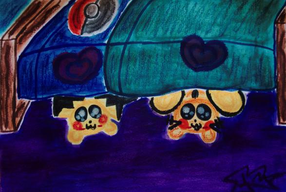 'Monsters Under the Bed'

Pichu and Dedenne are playing 'Monsters Under the Bed.'

This was painted in Crayola markers and Crayola Signature watercolor crayons, and shot through an EOS Rebel T3i with a Vivitar Series 1 19-35mm f3.5-4.5 FD-mount zoom lens mounted to it.