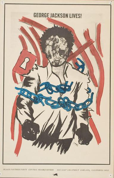 color drawing, by Black Panther artist and minister of Culture, Emory Douglas, of George Jackson, with a blue chain around his body, and his face made up of a collage of other Panther leaders, with the caption: George Jackson Lives.