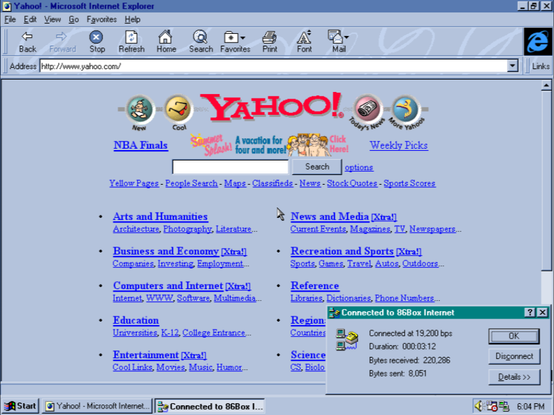 Yahoo! (via Protoweb) loaded via a modem on 86Box.