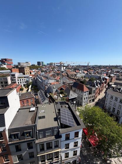 View of Antwerp north city skyline, with some trees in the foreground.