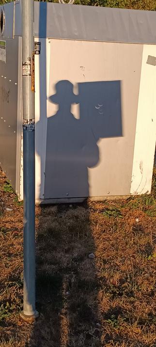 Der Schatten einer Person, die ein rechteckiges Schild neben sich hält. Der Schatten fällt auf einen grauen Altglaskontainer. Im Vordergrund trockenes Gras und Schotter.