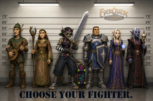A police lineup showing low-poly characters in wooden positions, including a bard, druid, paladin, mage and necromancer. Third from the left is a rabid-looking Kerran warrior, dressed in a parody of skater clothes. The text says "CHOOSE YOUR FIGHTER". The EverQuest Legends logo hovers translucently near the upper right corner.