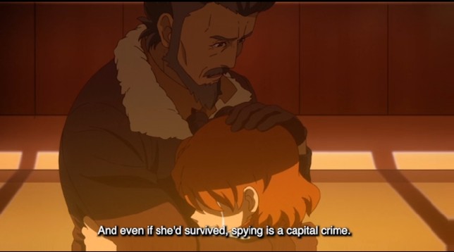 Kio crying and hugging his grandfather who is saying, "And even if she'd survived, spying is a capital crime."