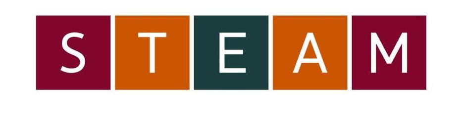Logo for STEAM Discovery centre, with the Letters STEAM,  Science, Technology, Engineering, Arts and Maths.