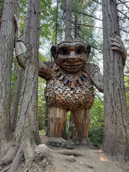 A large wooden sculpture of a troll stands between two trees in a forest setting. The figure has a friendly expression, is made from various recycled wooden materials, and features large eyes and textured details. Sunlight filters through the leaves, illuminating the scene.