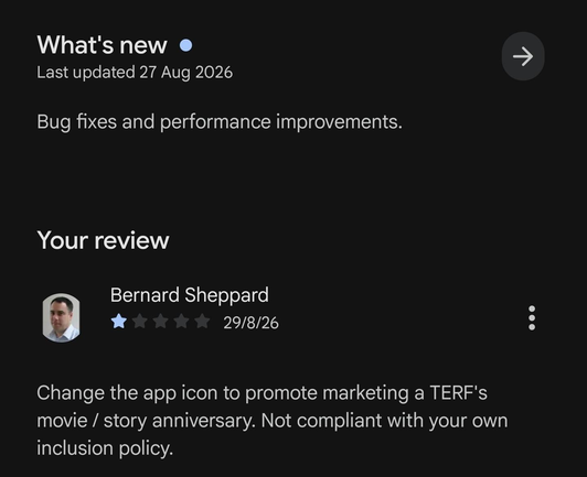 A one-star review of a tone-deaf corporate who has decided to platform a TERF to sell shit in post shops by - get this, for fuck's sake - changing an app icon.