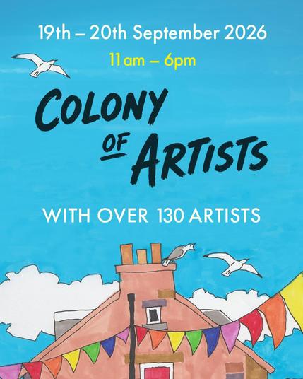 Hand-drawn poster showing the roof of a colony house with buntings ans seagulls. On the bright-blue sky with clouds is typed:
