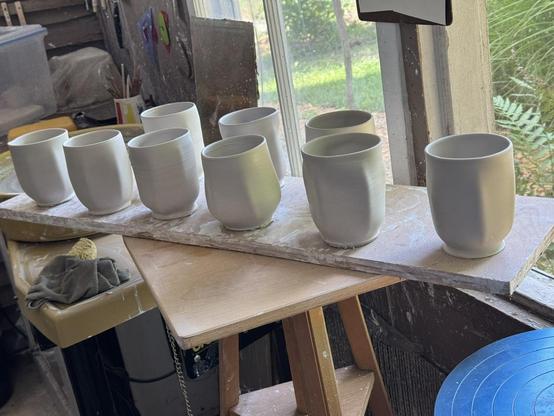 A ware board with 9 freshly thrown pots. They have been altered to look a little like a faceted vessel-