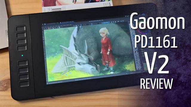 The video thumbnail of the drawing  tablet: with an artwork loaded on the screen (my OC schichimi and Arra the dragon, from Pepper&Carrot) and the title of the tablet: Gaomon PD1161 V2 Review.