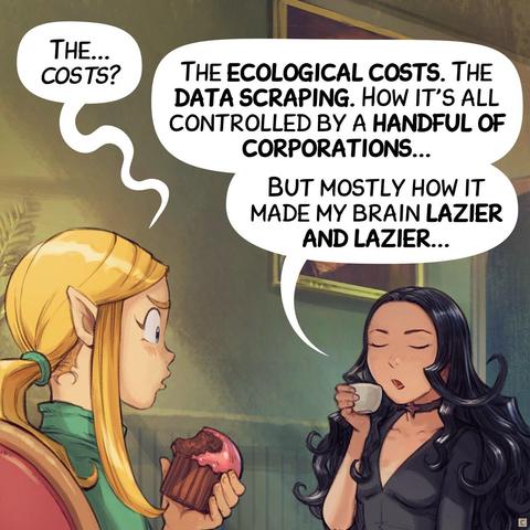 Panel 3. Amall is confused, and Cepper continues her speech, confident.  
> Amall: "The... costs?"  
> Cepper: "The ecological costs. The data scraping. How it's all controlled by a handful of corporations..."  
> Cepper: "But mostly how it made my brain lazier and lazier..."
