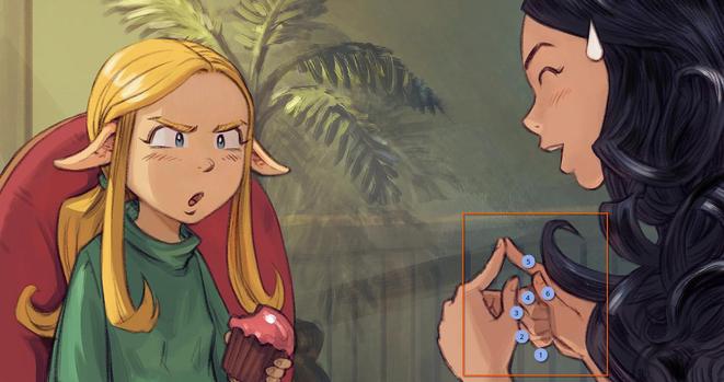 A screenshot from the last panel of my comic, showing how I drew a hand with six fingers.