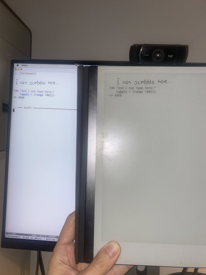 Side by side: Emacs connected to a reMarkable notebook