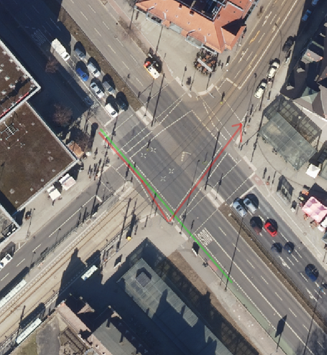 Luftbildaufnahme einer Kreuzung mit Radverkehrsanlage, die zum indirekten Linksabbiegen rechts neben dem Radweg eine Aufstellefläche hat
