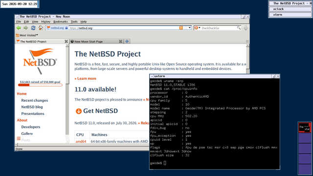 NetBSD's default ctwm desktop showing a Pale Moon web browser with the default retro & spartan GTK2 theme loading the NetBSD.org web page. A terminal is visible showing the CPU information, which demonstrates that it's running on a 500MHz AMD Geode with MMX and 3DNow! but no SSE.