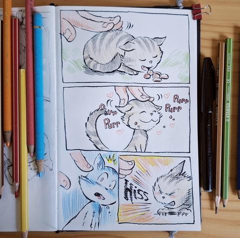 A four panel comic drawn in a sketchbook, colored pencils are around. 
Panel 1: A stray kitten eats while being petted.
Panel 2: The kitten purrs, enjoying the affection. 
Panel 3: The kitten realizes the hand belongs to a human.
Panel 4: The kitten hisses at the hand.