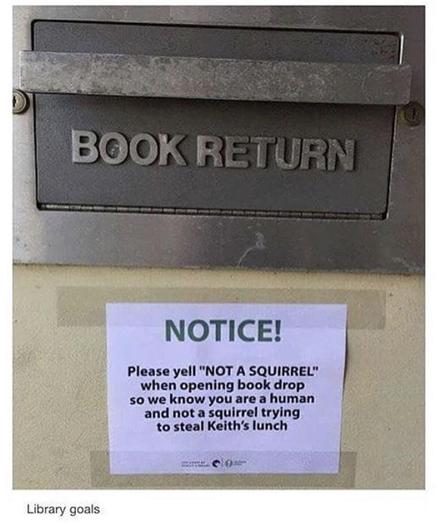 Picture a metal library book return slot that has the words ‘Book Return’ embossed upon it. Underneath the slot is sellotaped an A$ sheet of paper on which is printed “NOTICE!
Please yell "NOT A SQUIRREL" when opening book drop so we know you are a human and not a squirrel trying to steal Keith's lunch”
Credit DDG find.