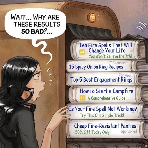 Panel 3. The machine spits out dozens of scrolls and books. Cepper reads them.  
> Cepper: "Wait... Why are these results so bad?..."  
> Books 1: "(Ad) Ten Fire Spells That Will Change Your Life (You Won't Believe the 7th!)"  
> Books 2: "(Sponsored) 15 Spicy Onion Ring Recipes"  
> Books 3: "(For you) Top 5 Best Engagement Rings"  
> Books 4: "(ad) How to Start a Campfire: A Comprehensive Guide"  
> Books 5: "Is Your Fire Spell Not Working? (Try This One Simple Trick!)"  
> Books 6: "(Sponsored) Cheap Fire-Resistant Panties! (50% Off Today Only!)"
