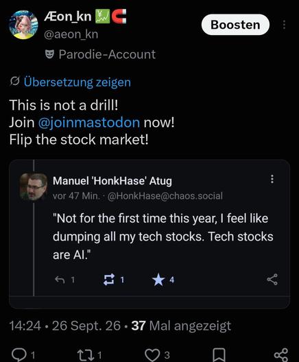 Post on X with a screenshot of post in Mastodon that someone considers to sell his tech stocks because they are AI.