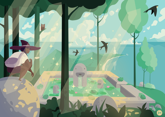 Illustration of a stone pool at the edge of the forest on a hot summer day. The pool has weird statues and a lot of frogs in it. There's a person looking out over the pool towards the end of the island and the ocean beyond, a few skylarks flying by.