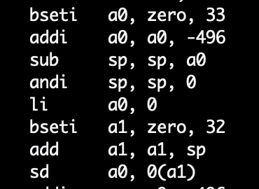 bseti	a0, zero, 33
	addi	a0, a0, -496
	sub	sp, sp, a0
	andi	sp, sp, 0
	li	a0, 0
	bseti	a1, zero, 32
	add	a1, a1, sp
