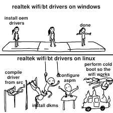 top:
realtek wifi/bt drivers on windows 

install oem drivers -> done

bottom:
realtek wifi/bt drivers on linux
compile driver from src -> install dkms -> configure aspm -> perform cold boot so the wifi works