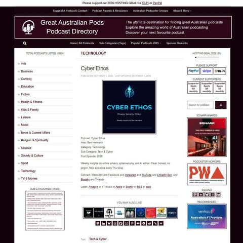 Cyber Ethos   
Screenshot of the podcast listing on the Great Australian Pods website