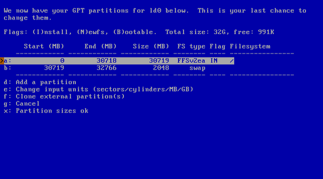 The step of the NetBSD installer that shows the final partition table, the FFSv2ea partition is highlighted.