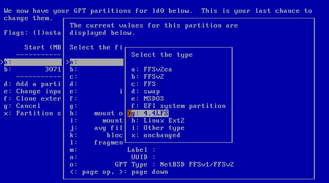 The menu to select the file system type, "4.4LFS" is selected.