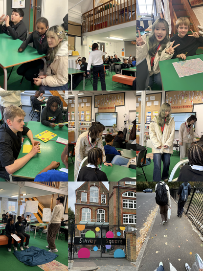 A collage of photos showing one of the lessons taking place in a classroom in a beautiful Victorian school somewhere in London.