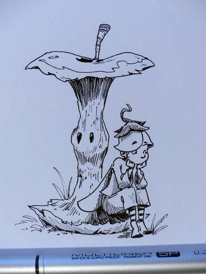 A little fairy sitting on the relic of an apple, as if the top of the core could provide some kind of shelter.