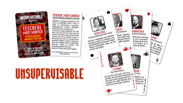A mocked up deck of playing cards in the style of the Iraq Most Wanted military deck. It shows 6 cards plus the info card. The cards have tech leaders and VCs on them, including Thiel, Musk, Andreessen, Sacks and the Joker cards show Vance and Trump.