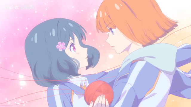 Two girls with red yarn like the string of fate wrapped around them and there are pink sparkles in the background.