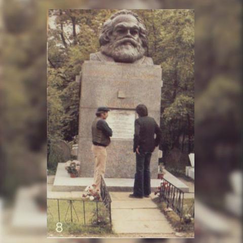 Indigenous activists Gary Foley and Bruce McGuinness at Marx's Grave in London, 1979.

The original caption from the magazine 'Identity' reads: "Gary and Bruce with a hero from the past."

From "Identity," vol. 3, issue 11, Nov 1979 (p. 19)