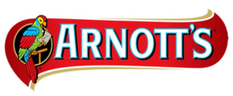 The Arnott’s logo on a white background: it’s a red gradient banner with gold fringes at the top and bottom. To the left is a happy green parrot with blue and red wing and tail feathers, perched on a wooden stand happily eating a cracker.

The word “ARNOTT’S” is in all capital letters, in white with blue border lines. The top bars of the two Ts connect, making it look like the Greek letter pi and making the whole word look like “ARNO-PI’s”.