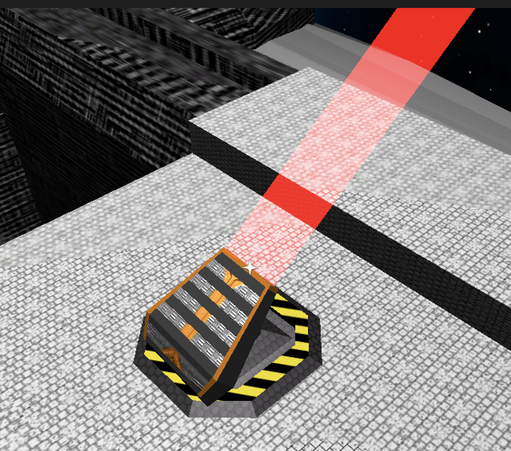 A laser turret with hazard lines around it fires a red laser into the great beyond