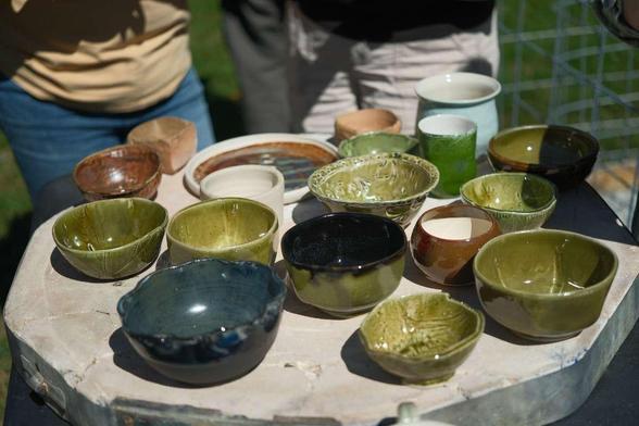 a collection of pots that just came out of the kiln. these will be part of a fundraiser for our local food bank