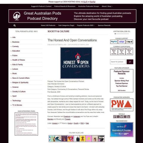 The Honest And Open Conversations Podcast   
Screenshot of the podcast listing on the Great Australian Pods website